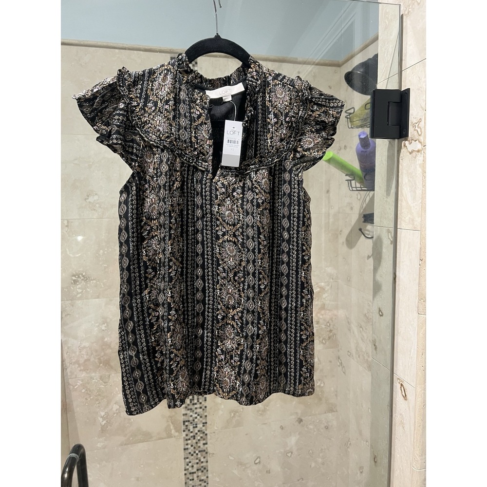 Loft Blouse Black Gold Flutter Sleeve Metallic Paisley XS NWT